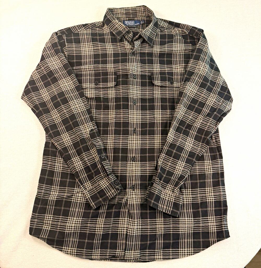 Polo Ralph Lauren Mens M Plaid Flannel Shirt Long Sleeve Two Pocket Black Gray